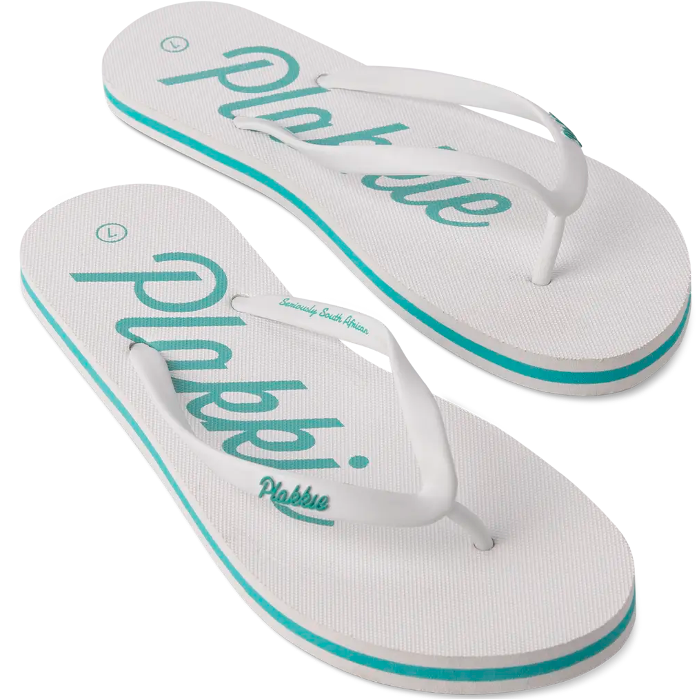 White flip-flops with turquoise sole and text on a white background