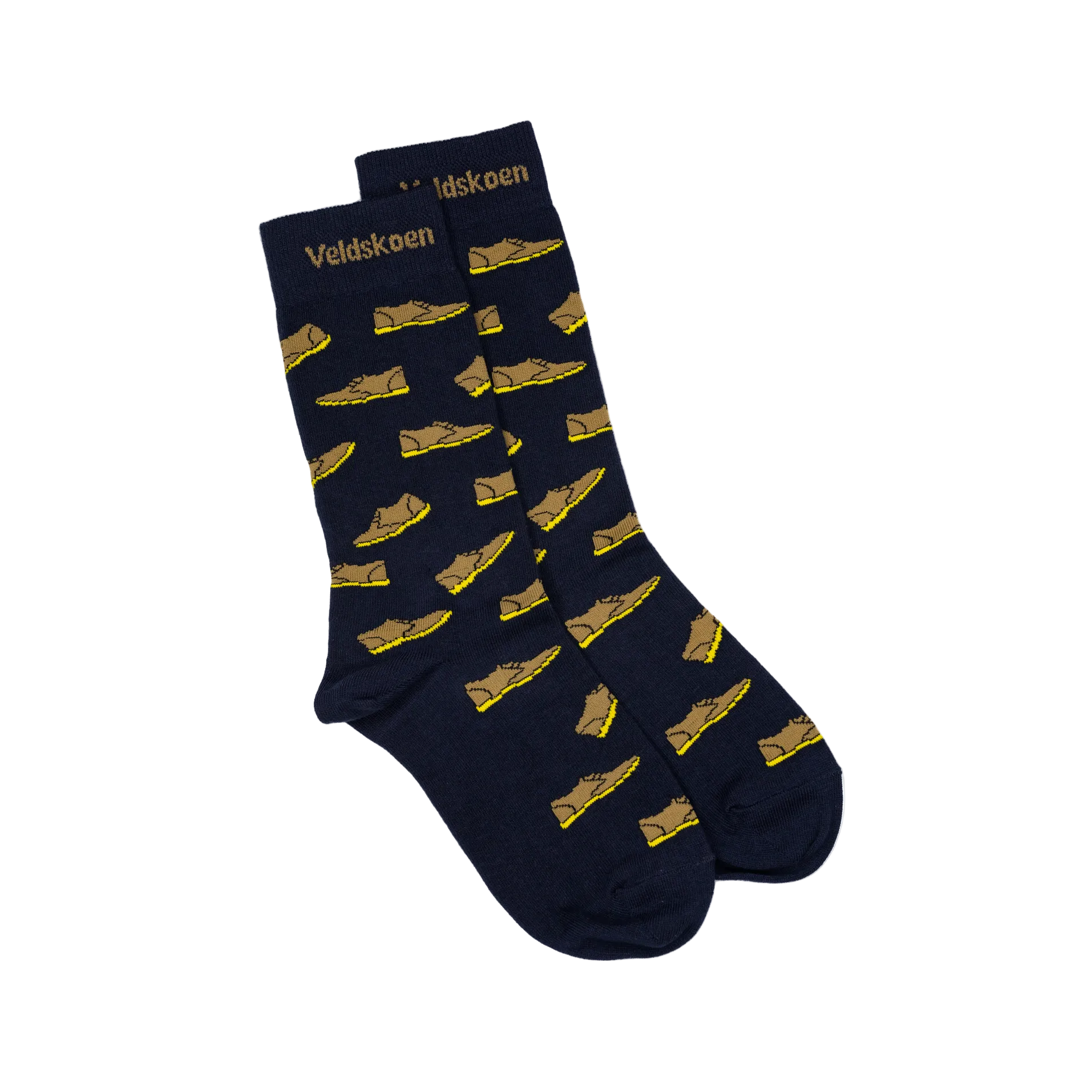Pair of navy socks with yellow shoe pattern on a white background